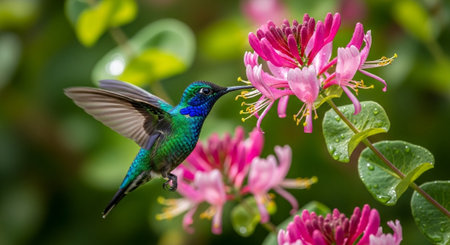 Hummingbird seeking nectar from honeysuckle blossom, summer gardenの写真素材