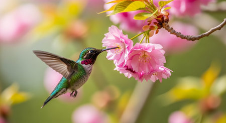 Hummingbird feeding on pink cherry blossom flowers in springtimeの写真素材