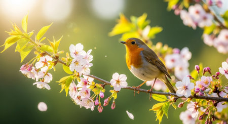 European robin perched on cherry blossom branch in spring