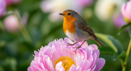 European robin perched on a blooming pink peony flowerの写真素材