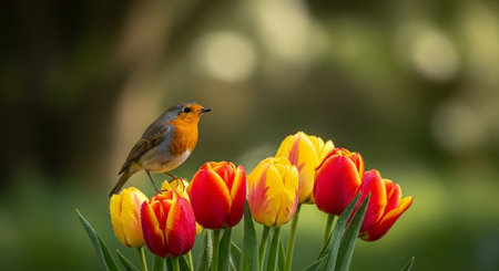European robin perched on vibrant red and yellow tulipsの写真素材