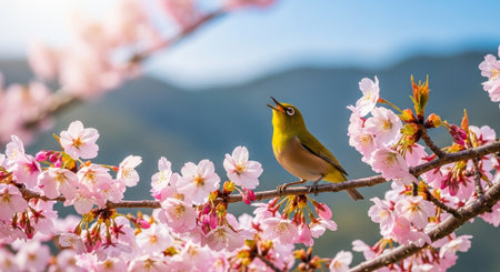 Singing White-eye bird perched on blooming cherry blossom branchの写真素材