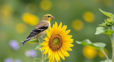 American goldfinch perched on a vibrant yellow sunflower blossomの写真素材
