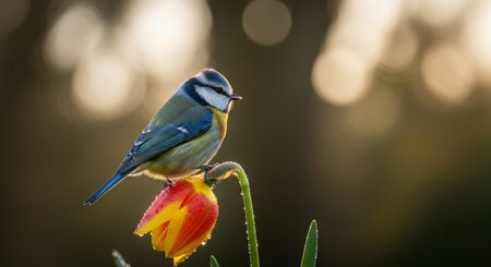 Blue Tit perched on red and yellow Tulip flowerの写真素材