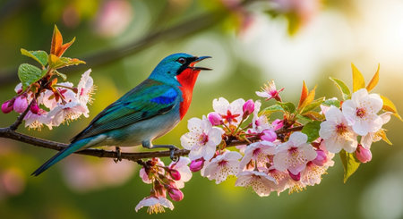 Colorful bird singing on flowering cherry tree branch