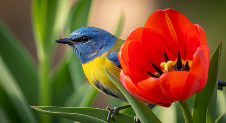 Vibrant bird alongside a bright red tulip flower bloom