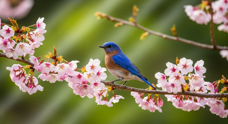 Eastern Bluebird perched among pale pink cherry blossoms on branchの写真素材