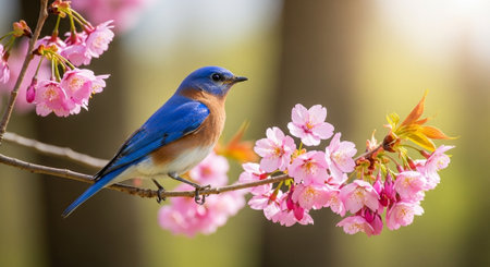 Eastern Bluebird perched on blooming cherry blossom branchの写真素材