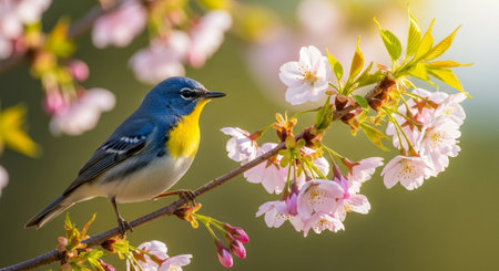 Northern Parula bird perched on blooming cherry blossom branchの写真素材
