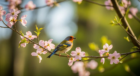 Colorful bird perched on flowering branch in the springの写真素材