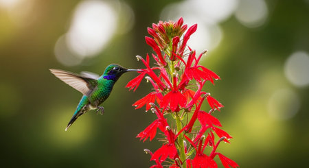 Hummingbird approaching red cardinal flower in natural habitat sceneの写真素材