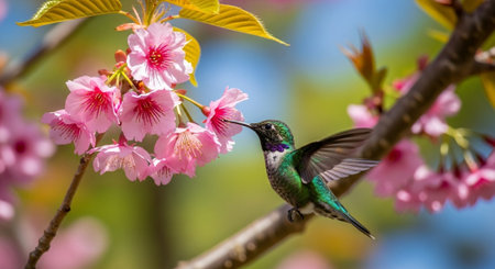 Hummingbird feeding on cherry blossom branch in spring light