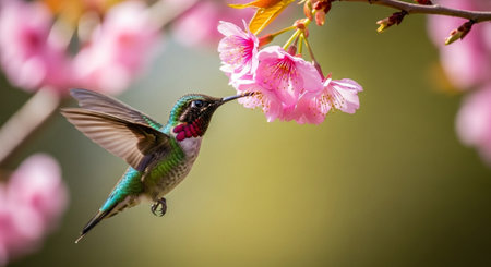Hummingbird drinking nectar from a vibrant cherry blossom branchの写真素材
