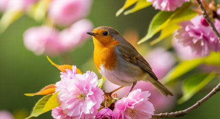 European robin perched among vibrant pink cherry blossom flowers