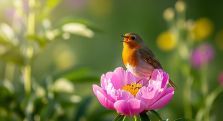 Robin singing from a pink peony flower in springの写真素材