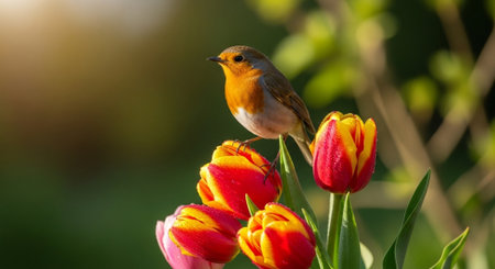Robin perched on vibrant tulips in soft natural lightの写真素材
