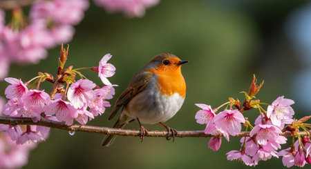 Robin bird perched on a flowering cherry blossom branchの写真素材