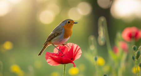 Robin perched atop a bright red poppy flowerの写真素材