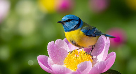 Eurasian blue tit perched on a pink peony flower