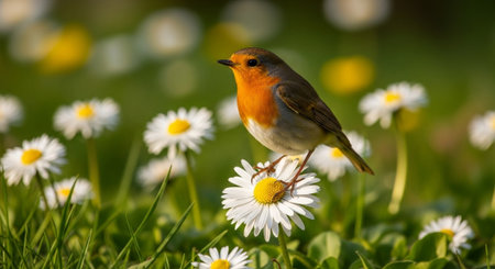 Robin perched atop a daisy in a field of flowersの写真素材