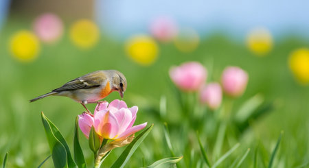 Robin bird perched atop a pink tulip flowerの写真素材