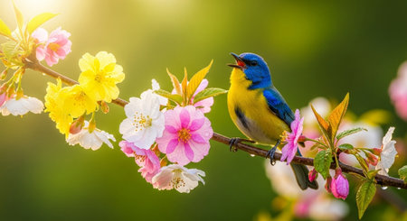 Vibrant songbird perched amongst delicate blossoms in springtime lightの写真素材