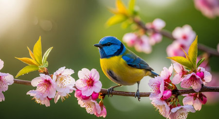 Vibrant bluebird perched among blooming cherry blossoms branch
