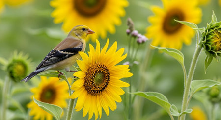 Goldfinch perched on a vibrant sunflower amidst a fieldの写真素材