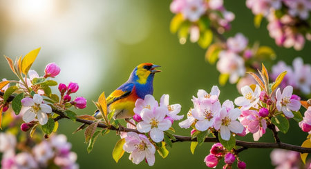 Colorful bird perched on flowering branch in spring sunshineの写真素材