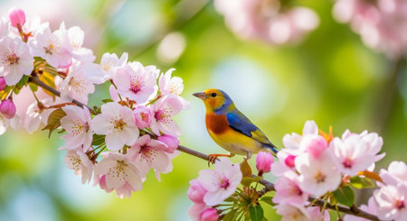 Vibrant bird perched among delicate pink spring blossomsの写真素材
