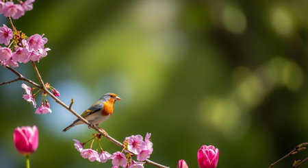 Spring bird perched among cherry blossoms in nature