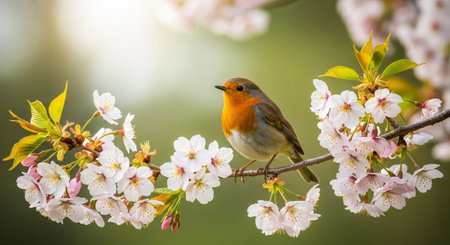 Robin perched among cherry blossoms in springtime sunshineの写真素材
