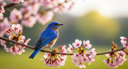 Eastern bluebird perched among cherry blossoms in springtime