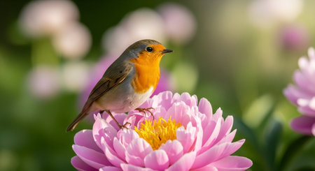 European robin perched atop a pink peony blossomの写真素材