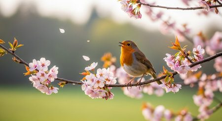 Robin singing on cherry blossom branch in spring sunshine
