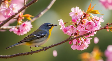 Bird perched on a branch of cherry blossoms in springの写真素材