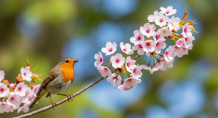 European robin perched on cherry blossom branch in springtimeの写真素材