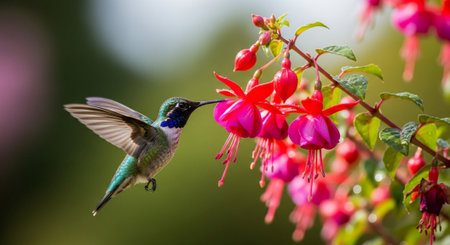 Hummingbird gracefully feeding on vibrant Fuchsia flower nectarの写真素材