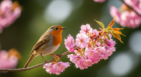 Robin perched on cherry blossom branch in springtime bloom