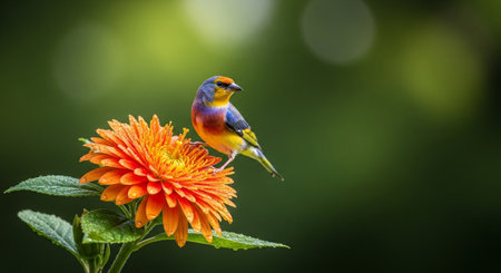 Colorful bird perched on vibrant orange flower blossom outdoorsの写真素材