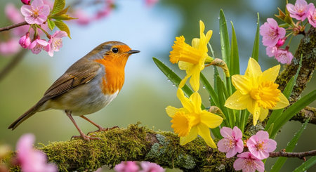 Robin perched on a blooming branch in springtime gardenの写真素材