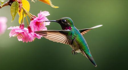 Hummingbird drinks nectar from pink cherry blossom flowers