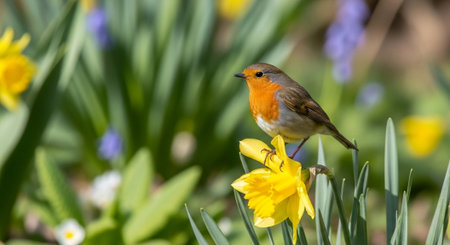 Robin resting on daffodil with natural green backgroundの写真素材