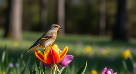 Small bird perched on colorful tulip in a gardenの写真素材