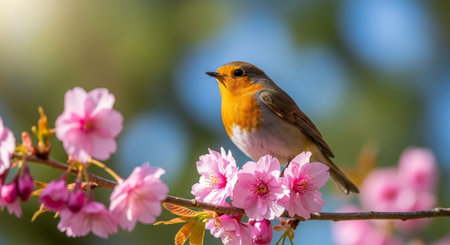 Robin perched amongst pink cherry blossoms on a sunny spring day