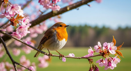Robin bird perched on cherry blossom branch in springの写真素材