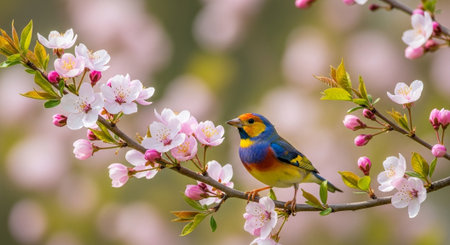 Vibrant Painted Bunting bird perched amongst blooming cherry blossomsの写真素材