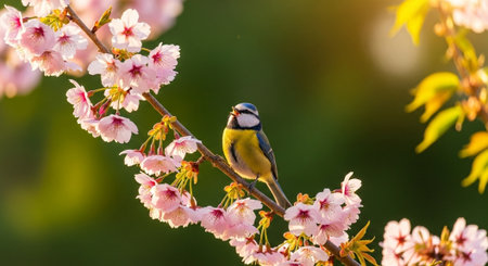 Blue tit singing perched on a cherry blossom branchの写真素材