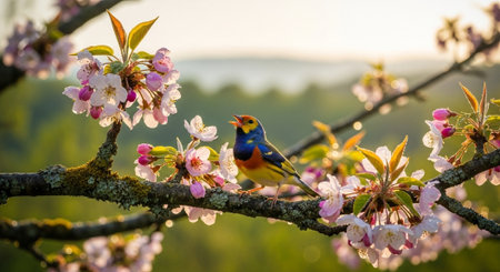 Vibrant bird singing amongst cherry blossoms in springtimeの写真素材
