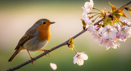 Robin on blossoming branch heralds spring's arrival in soft lightの写真素材